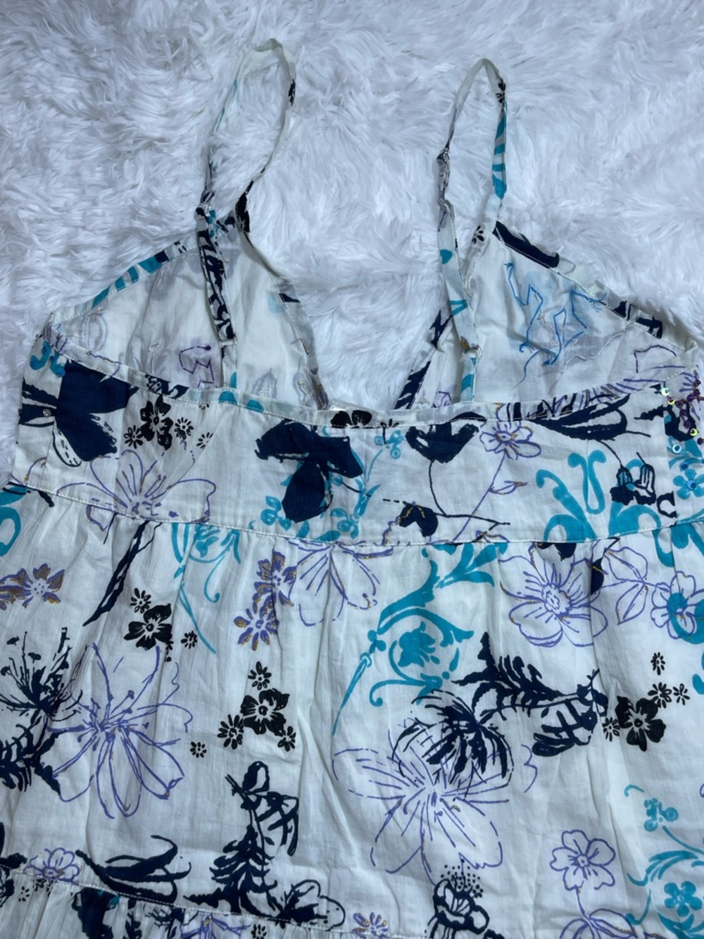 CHAUDRY KC White Floral Tiered Casual Sundress with Teal and Navy Accents - Picture 11 of 15